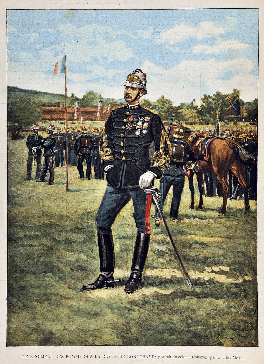 Palorykmentillä on Longchamps-lehti (Eversti Coustonin muotokuva), Charles Morelin (1861-1908) kuvituksesta. Kaiverrus vuodelta 1887 "" Paris-Illustrous Journal -viikkolehdessä"". tekijältä Charles Morel