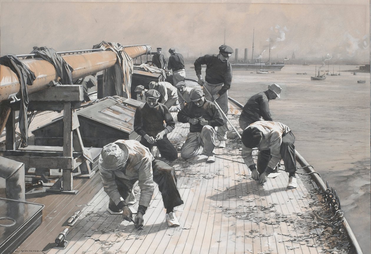 23-metrisen kilpaveneen rakentaminen, Brynhildin sillan kaapiminen. Piirros ja wash (35x47,9 cm), Charles M. Padday () , 1900-luvun alku. tekijältä Charles Murray Padday