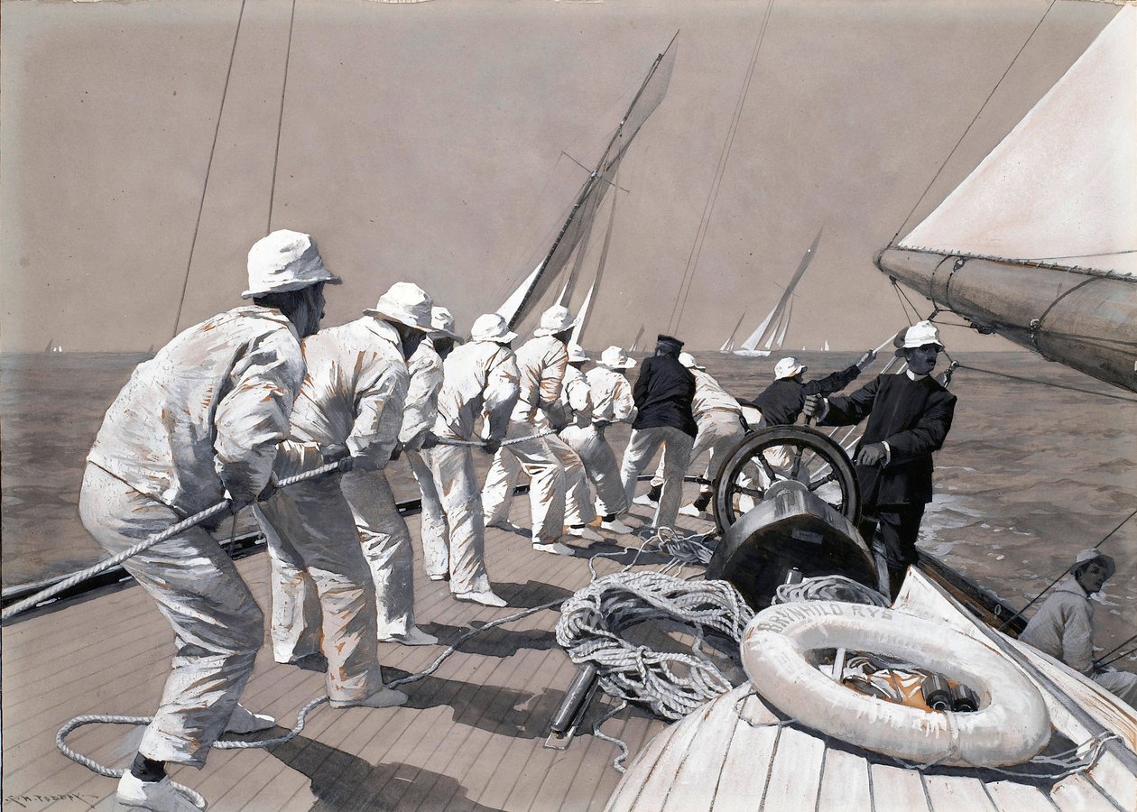 Pääpurje nostetaan Brynhild-kilpaveneellä, joka voitti Kings Cupin. Charles M. Paddayn () piirros ja pesupiirros (37,4x46,1 cm), 1900-luvun alku. tekijältä Charles Murray Padday