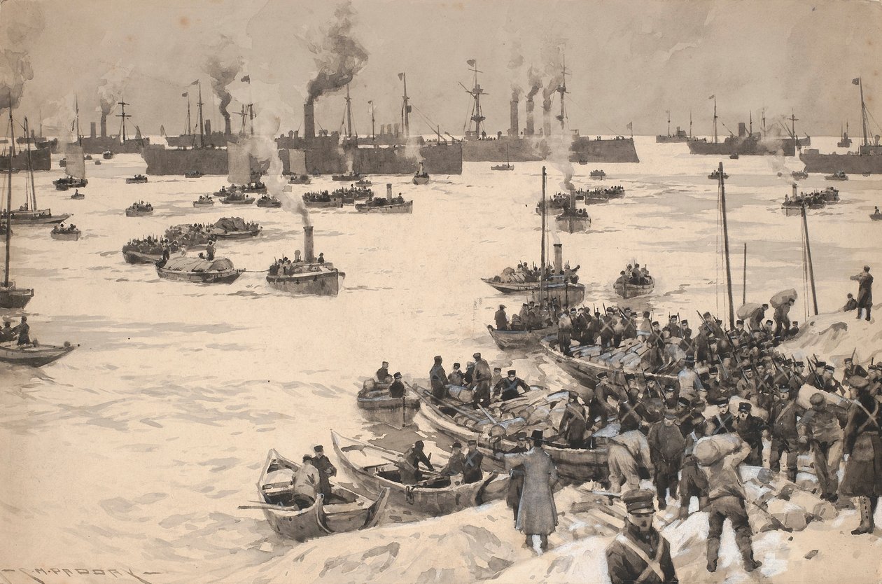 Japanilaiset joukot laskeutuvat Koreaan vuonna 1905. Piirros ja wash (30,1x45,6 cm), Charles M. Padday () , 1900-luvun alku. tekijältä Charles Murray Padday