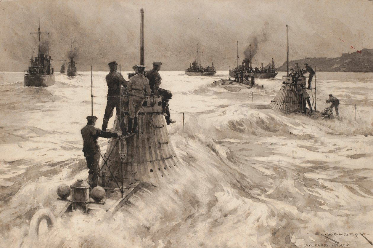 Uudet brittiläiset sukellusveneet lähtevät Milford Havenista (Englanti). Piirros ja wash (30,4x45,5 cm), Charles M. Padday () , 1900-luvun alku. tekijältä Charles Murray Padday
