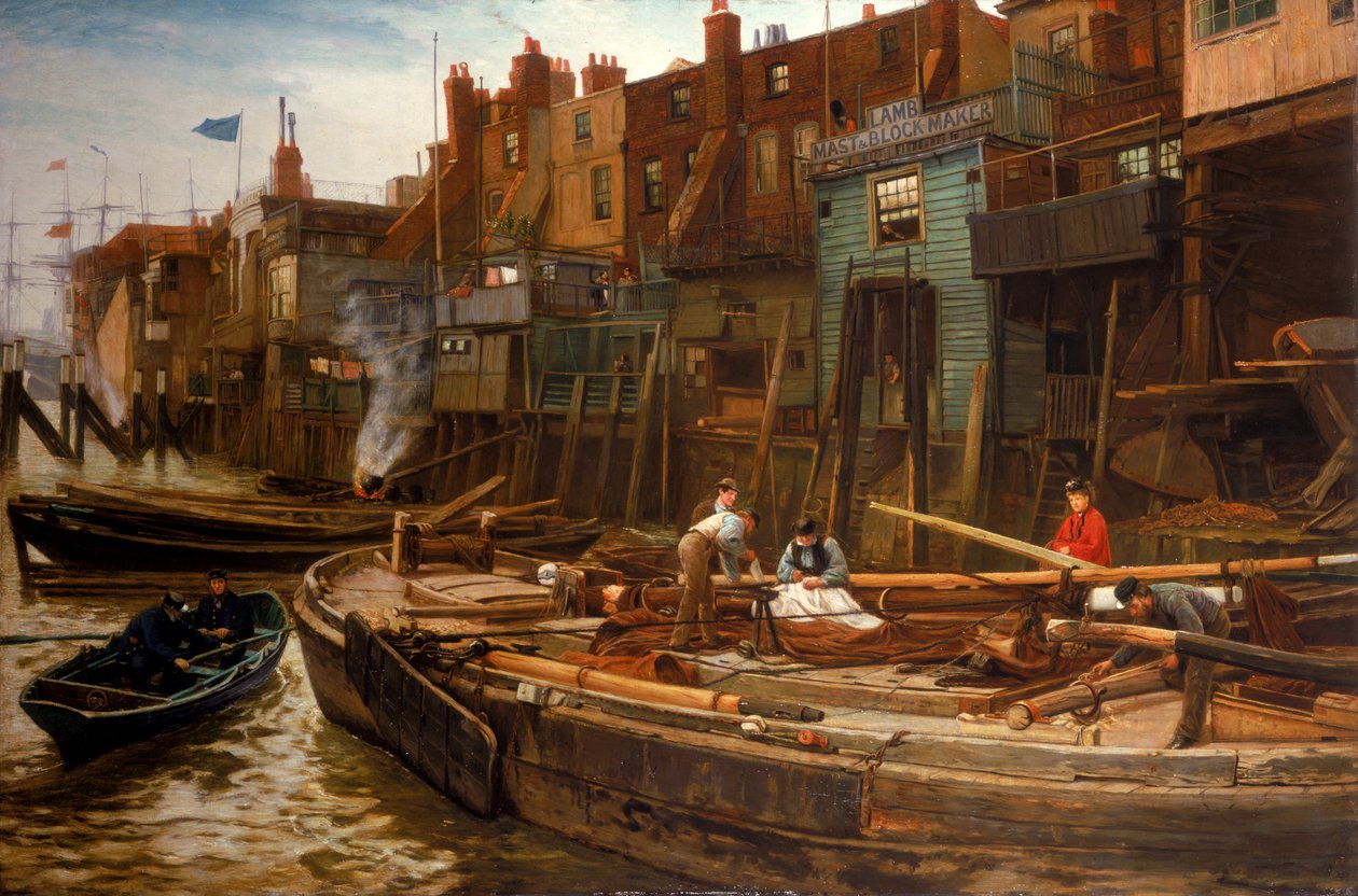 London River - The Limehouse Barge-Builders, 1877 tekijältä Charles Napier Hemy