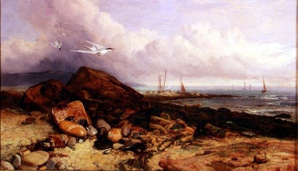 Rantakohtaus kalastusveneen ja tiirien kanssa tekijältä Charles Napier Hemy