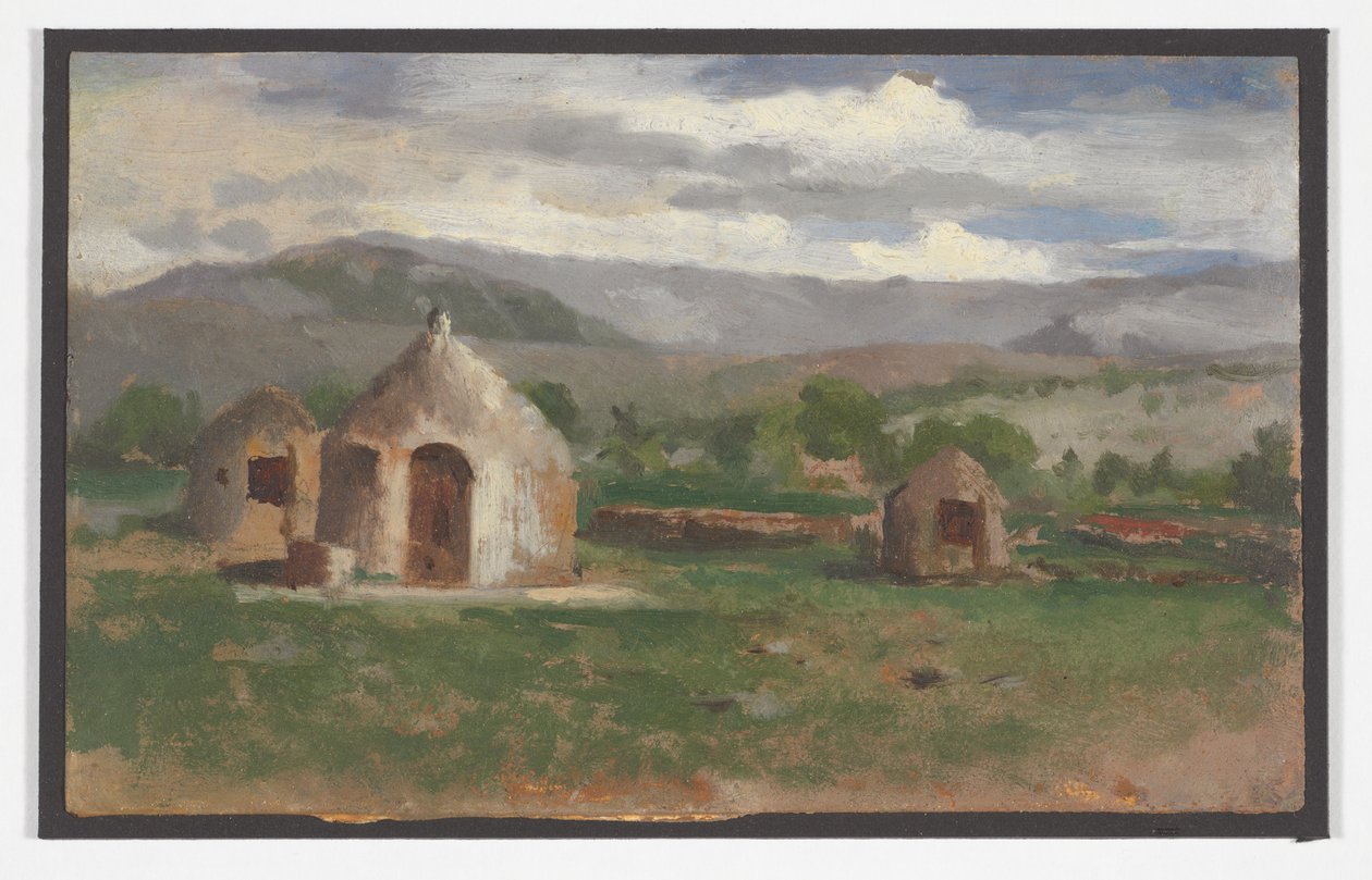 Maisemaluonnos, jossa on alkeellisia mökkejä, Provence tekijältä Charles Nègre