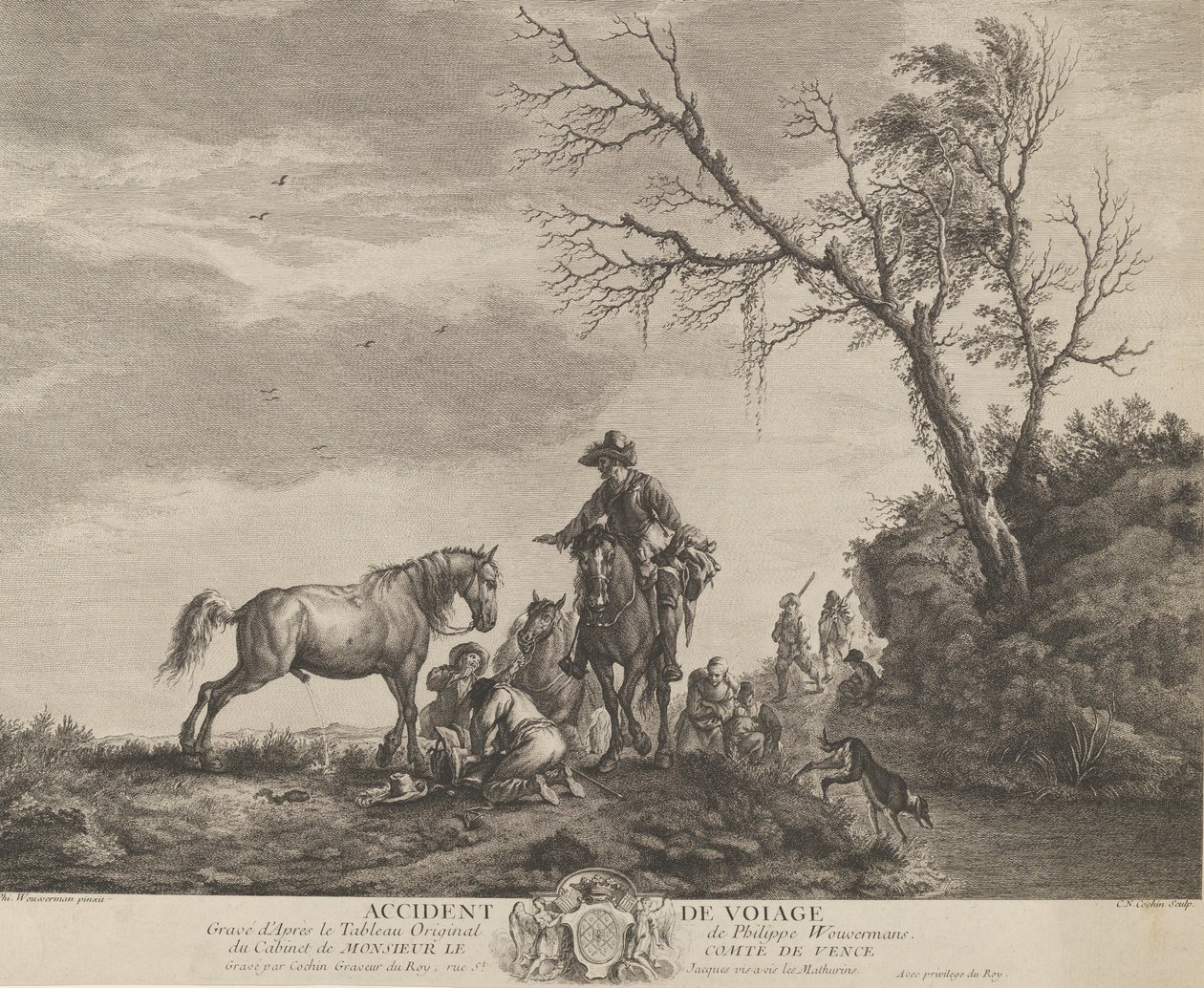 Onnettomuus matkalla, polvistuva mies korjaa rikkinäistä satulaa, hevonen kusi ..., 1740-50. tekijältä Charles Nicolas Cochin