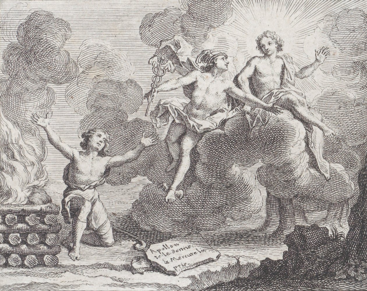 Apollo, Merkurius ja paimentyttäret, Fable X La Mottessa, Fables Nouvelles, 1719, 1719. tekijältä Charles Nicolas Cochin