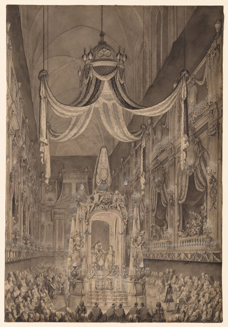 Espanjalaisen Marie-Thérèsen, ranskalaisen Dauphinen hautajaiset Pariisin Nôtre Damen kirkossa 24. marraskuuta 1746 tekijältä Charles Nicolas Cochin