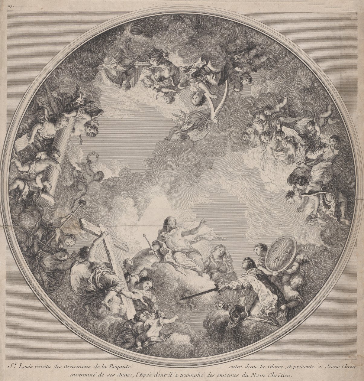 Pyhä Louis esittelee miekkansa Kristukselle kattosuunnitelman mukaan, 1755-90. tekijältä Charles Nicolas Cochin