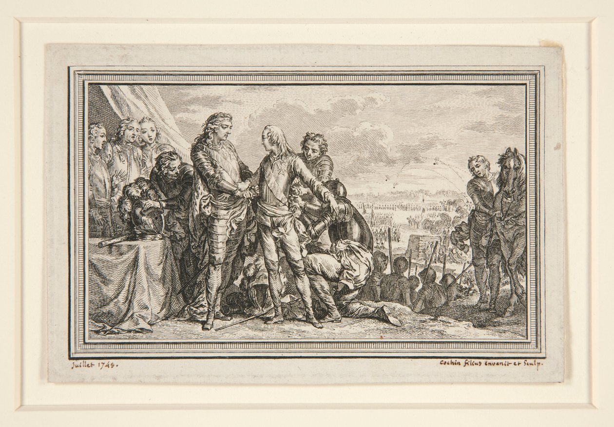 Le Roi arme le Dauphin a Fontenoy (Kuningas aseistaa Dauphinia Fontenoyssa) tekijältä Charles Nicolas Cochin the younger