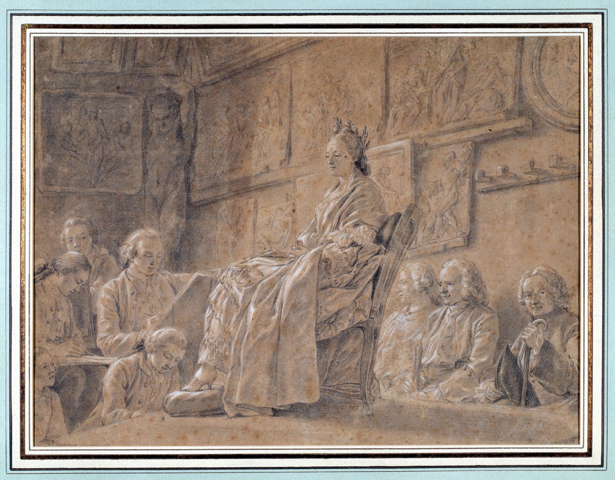 Kilpailu ilmaisun pään ottamisesta Eri taiteilijat työpajassa esittävät mallia istumassa nojatuolissa. Piirustus Ch. Nicolas Cochin (1715-1790) 1763 Pariisi. Carnavalet-museo tekijältä Charles Nicolas II Cochin