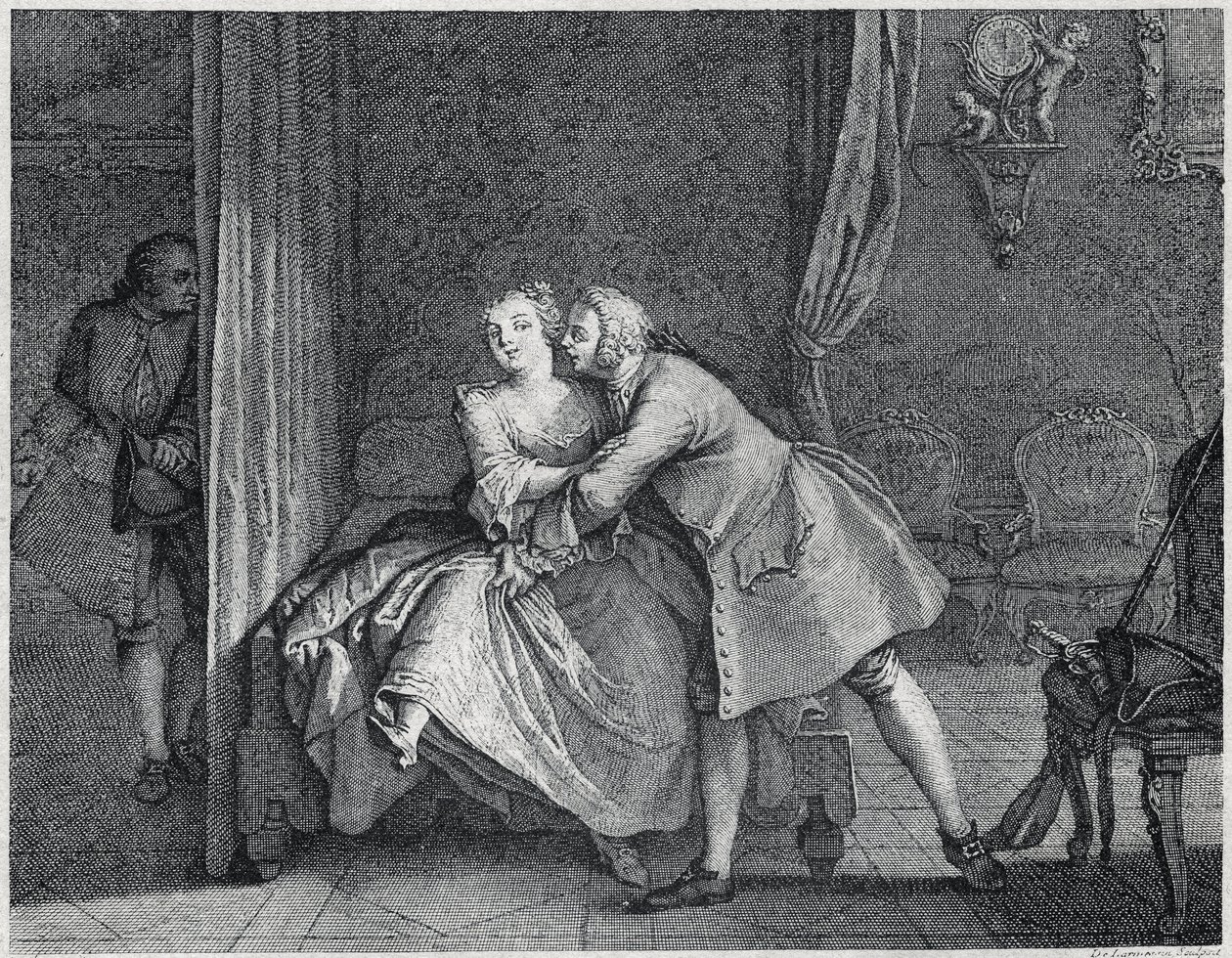 Korvavalmistaja ja muottihyllykuva Les contes de La Fontainen, noin 1743”. kaiverrus Charles-Nicolas Cochin (1715-1790). tekijältä Charles Nicolas II Cochin
