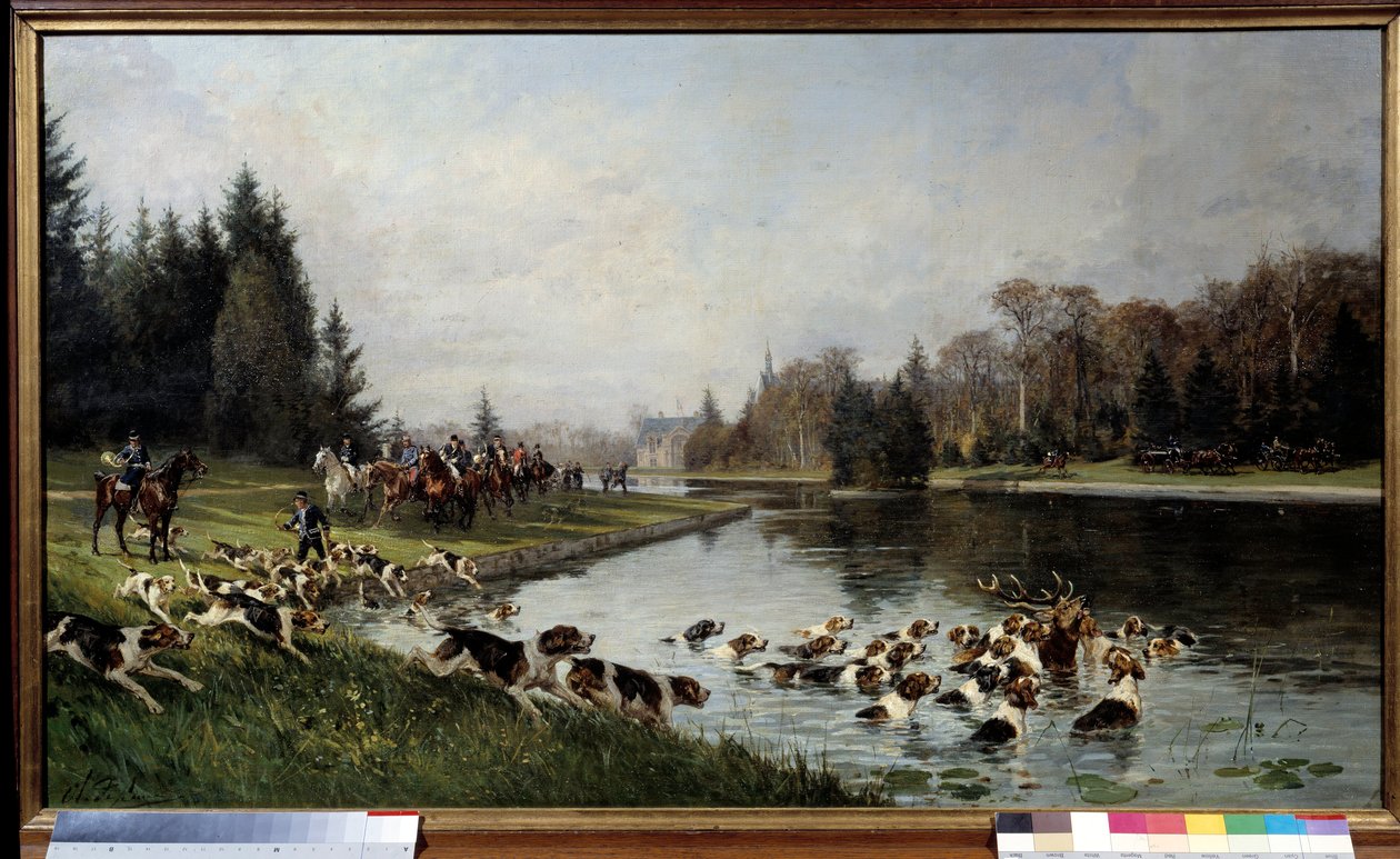 Metsästyskilpailu: "" Hirven hallali Sulvien lammen rannalla, Aumalen herttuan metsästys"" Charles Olivier de Pennen (1831-1897) maalaus 1880 su. 0,77x1,33 m Chantilly, museo Conde - Koirien metsästys: Peuran halloo Sulvien lammen luona, metsästys tekijältä Charles Oliver de Penne