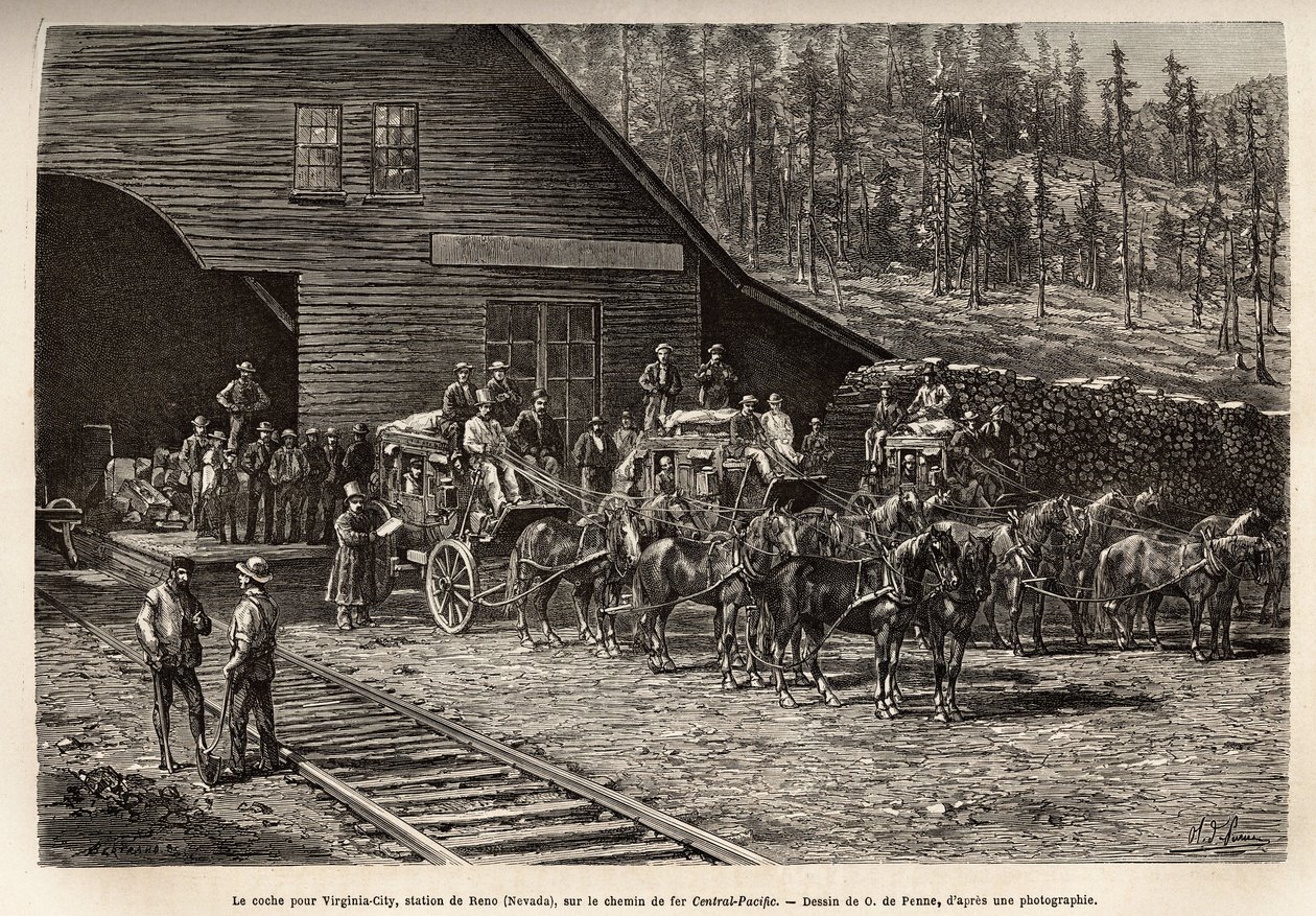 Renon asema Virginia Cityyn (Nevada) Keski-Tyynenmeren rautatiellä (Central Pacific Railway), joka on kaiverrettu O. de Pennen piirustuksen jälkeen, joka havainnollistaa matkaa Washingtonista San Franciscoon vuonna 1868, kirjoittaja L. Simonin, julkaistu " tekijältä Charles Oliver de Penne