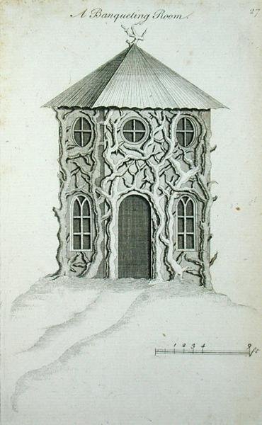 Juhlasali, teoksesta "Ornamental Architecture in the Gothic, Chinese and Modern Taste", julkaistu 1758 (kaiverrus) tekijältä Charles Over