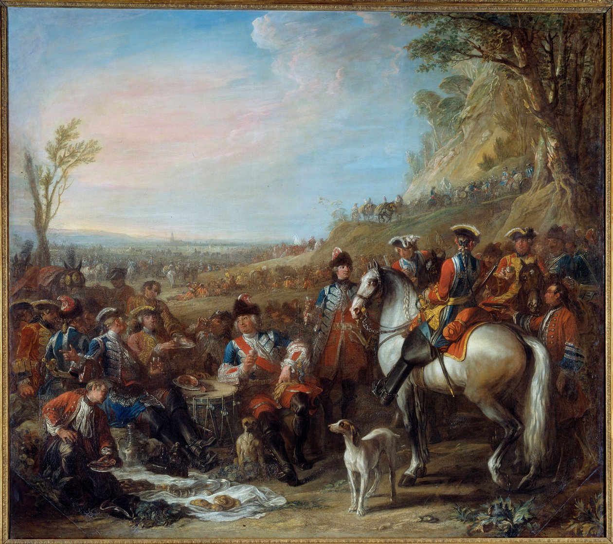 Hevosten selässä olevien kranaatterien pysäyttäminen kuninkaan talosta (1734). Keskellä herra de Creil, komentaja. Charles Parrocelin maalaus (1688-1752) tekijältä Charles Parrocel