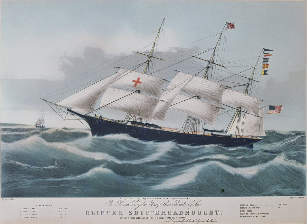 Amerikkalainen leikkurialus "Dreadnought", Nathaniel Currierin litografia (1813-88) tekijältä Charles Parsons