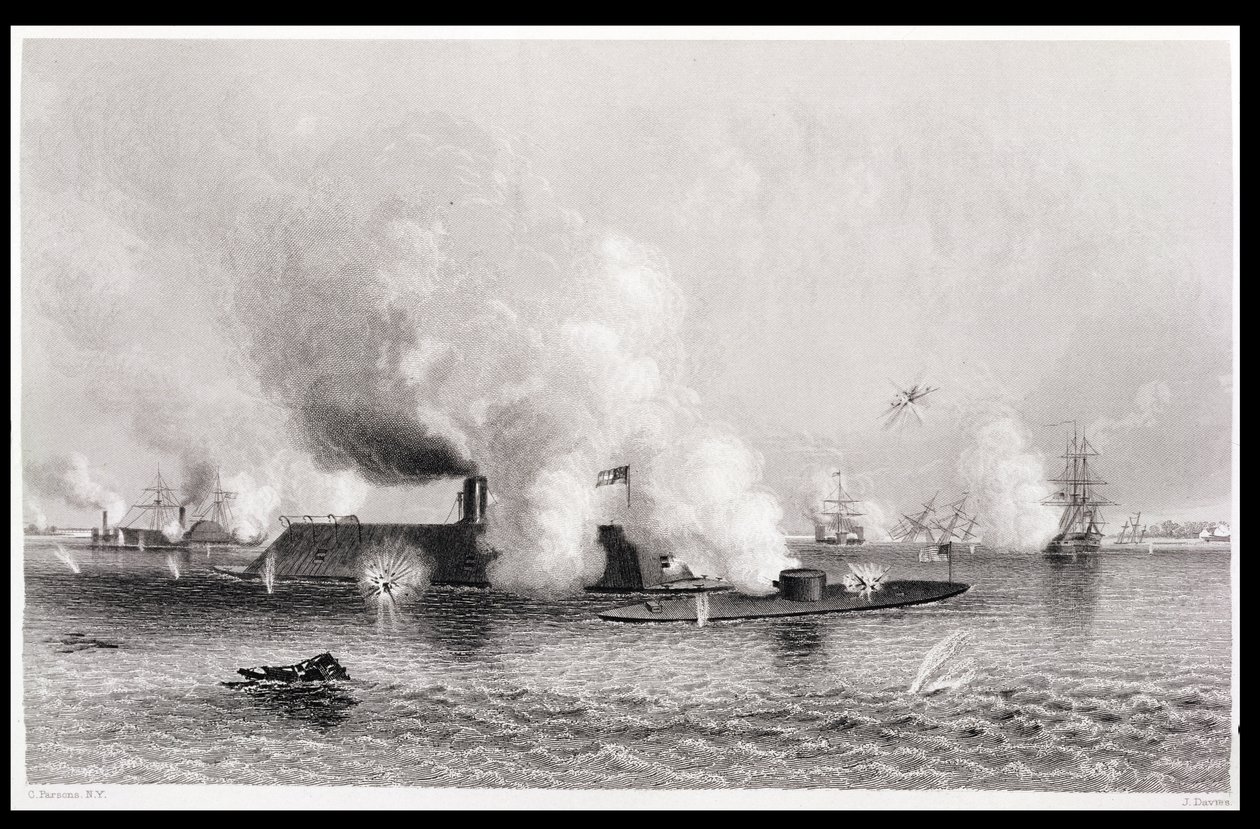 Kihlaus "Monitorin" ja "Merrimackin" välillä, 9. maaliskuuta 1862, julkaisusta "The History of the United States", voi. II, Charles Mackay, kaiverrus J. Davies tekijältä Charles Parsons