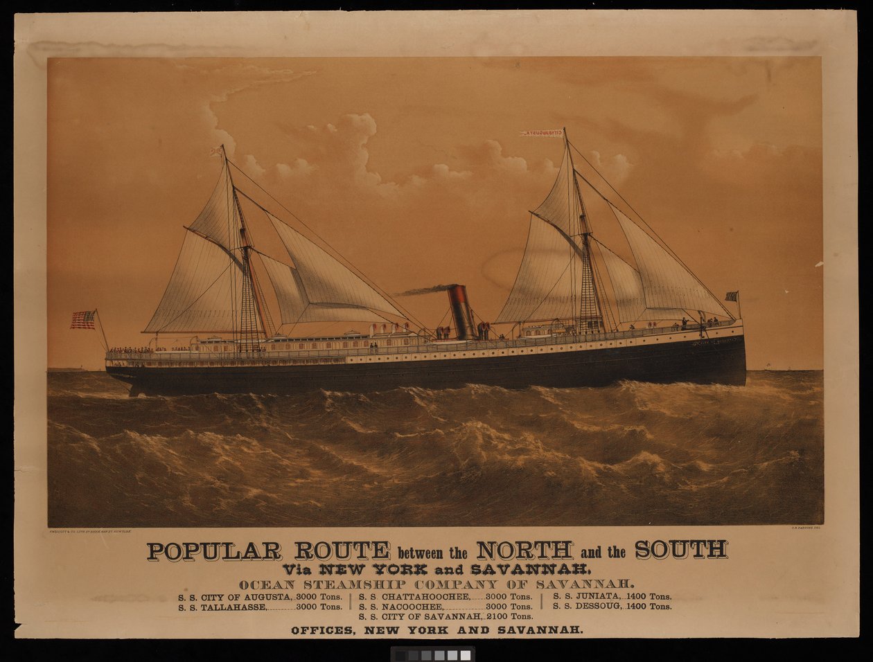 Suosittu reitti pohjoisen ja etelän välillä New Yorkin ja Savannahin kautta, Savannahin Ocean Steamship Company... City of Augusta... (litografia, värillinen) tekijältä Charles Parsons