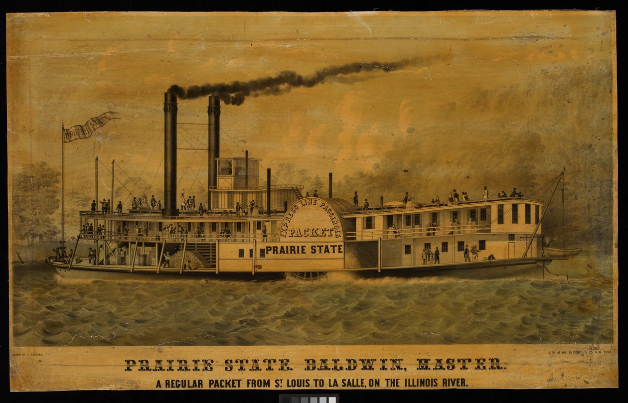 Preerian osavaltio. Baldwin, mestari. Säännöllinen laivapaketti St. Louisista La Salleen Illinois-joella (litografia, värillinen). tekijältä Charles Parsons