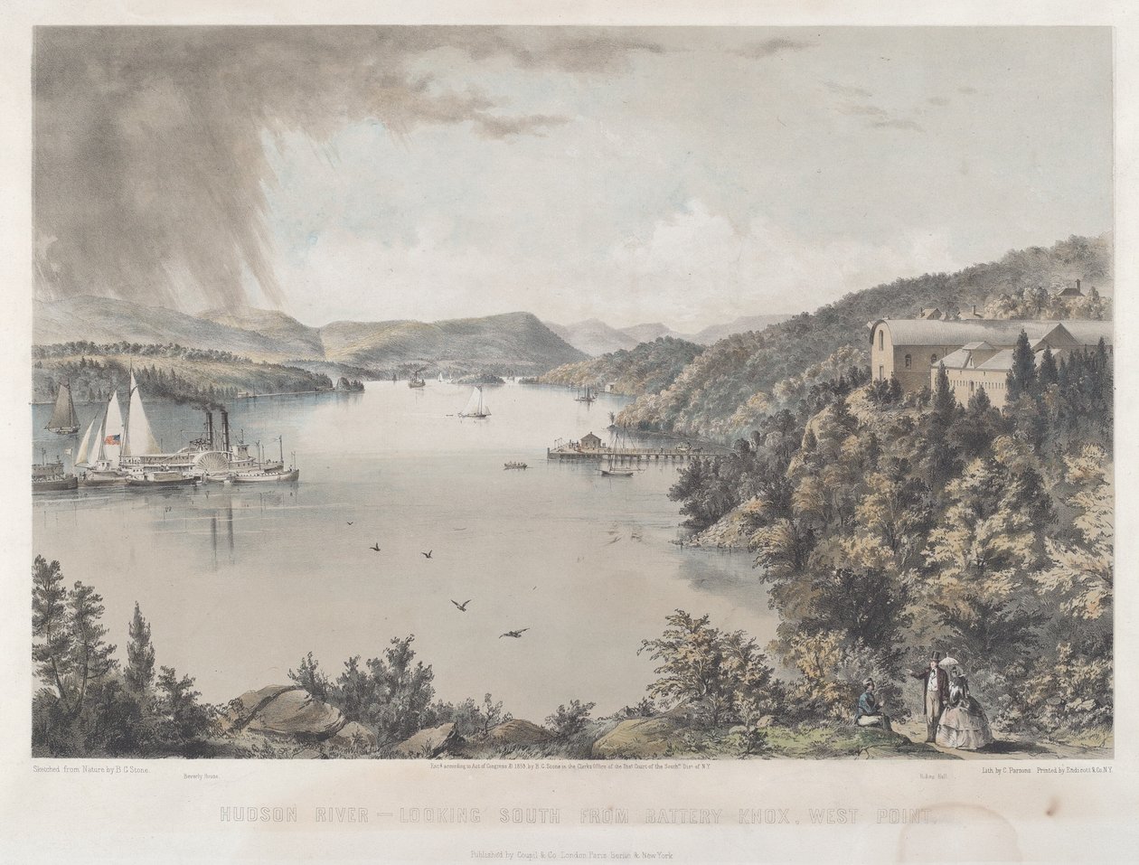 Hudson River Portfolio: Katse etelään Battery Knoxista, West Pointista tekijältä Charles Parsons after Benjamin Bellows Grant Stone
