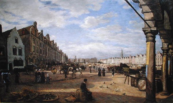 Grande Place dArras markkinapäivänä vuonna 1878 tekijältä Charles Paul Etienne Desavary