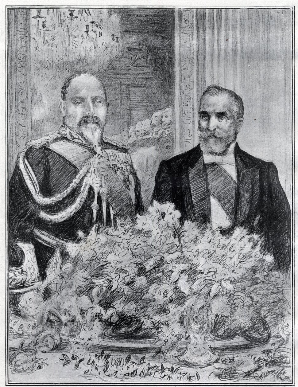 Sydämellinen: Ranskan presidentin Emile Loubetin vierailu Lontooseen - juhla Ranskan suurlähetystössä - kuningas Edward VII ja Loubet - piirtänyt Paul Renouard The Graphic -sanomalehdelle. heinäkuuta 1903. tekijältä Charles Paul Renouard