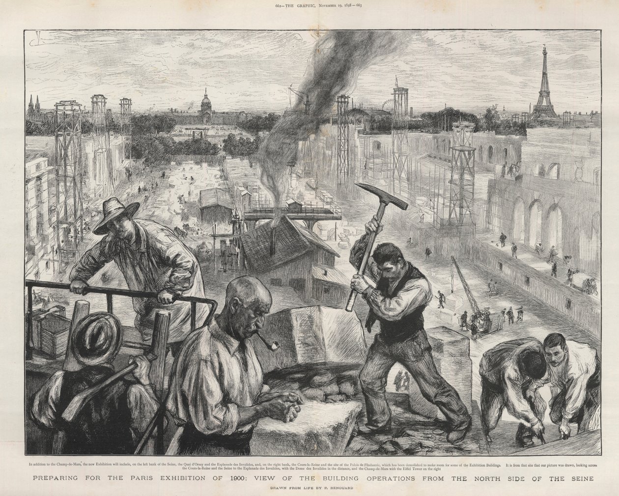 Valmistautuminen vuoden 1900 Pariisin näyttelyyn: näkymä rakennustoiminnasta Seinen pohjoispuolelta. tekijältä Charles Paul Renouard