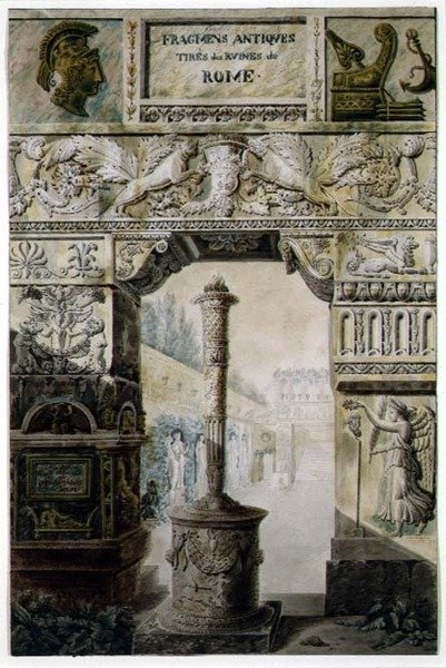 Antiikkifragmentteja muinaisesta Roomasta, Charles Percierin ja Francois Leonard Fontainen (1762-1853) pubin "Palaces, Houses and Other Modern Buildings, Drawings in Rome" otsikkosivun suunnittelu. Pariisi tekijältä Charles Percier
