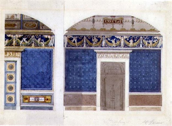 Empire-palatsin sisustussuunnitelma, noin 1810 (vesiväri ja guassi paperille). tekijältä Charles Percier