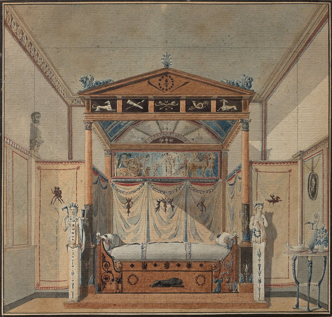 Sängyn suunnittelu, n. 1800 tekijältä Charles Percier