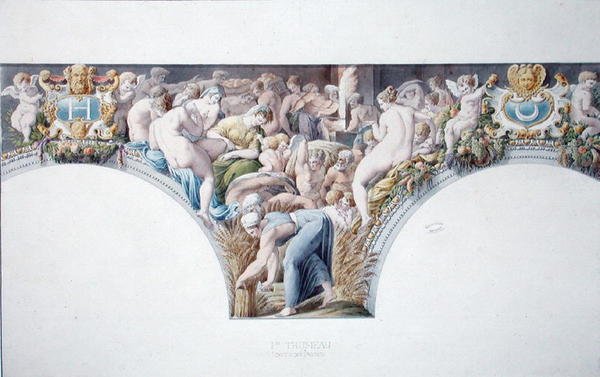 Ms 1014 Frieze Fontainebleaun juhlasalista, levy albumista (akvarelli ja kynä paperille) tekijältä Charles Percier