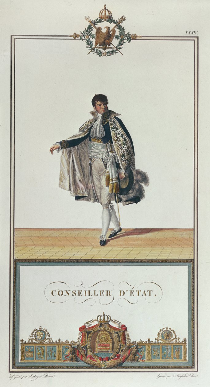 Napoleonin kruunajaisten valtioneuvoston virkapuku, 1804 (värikaiverrus) tekijältä Charles Percier