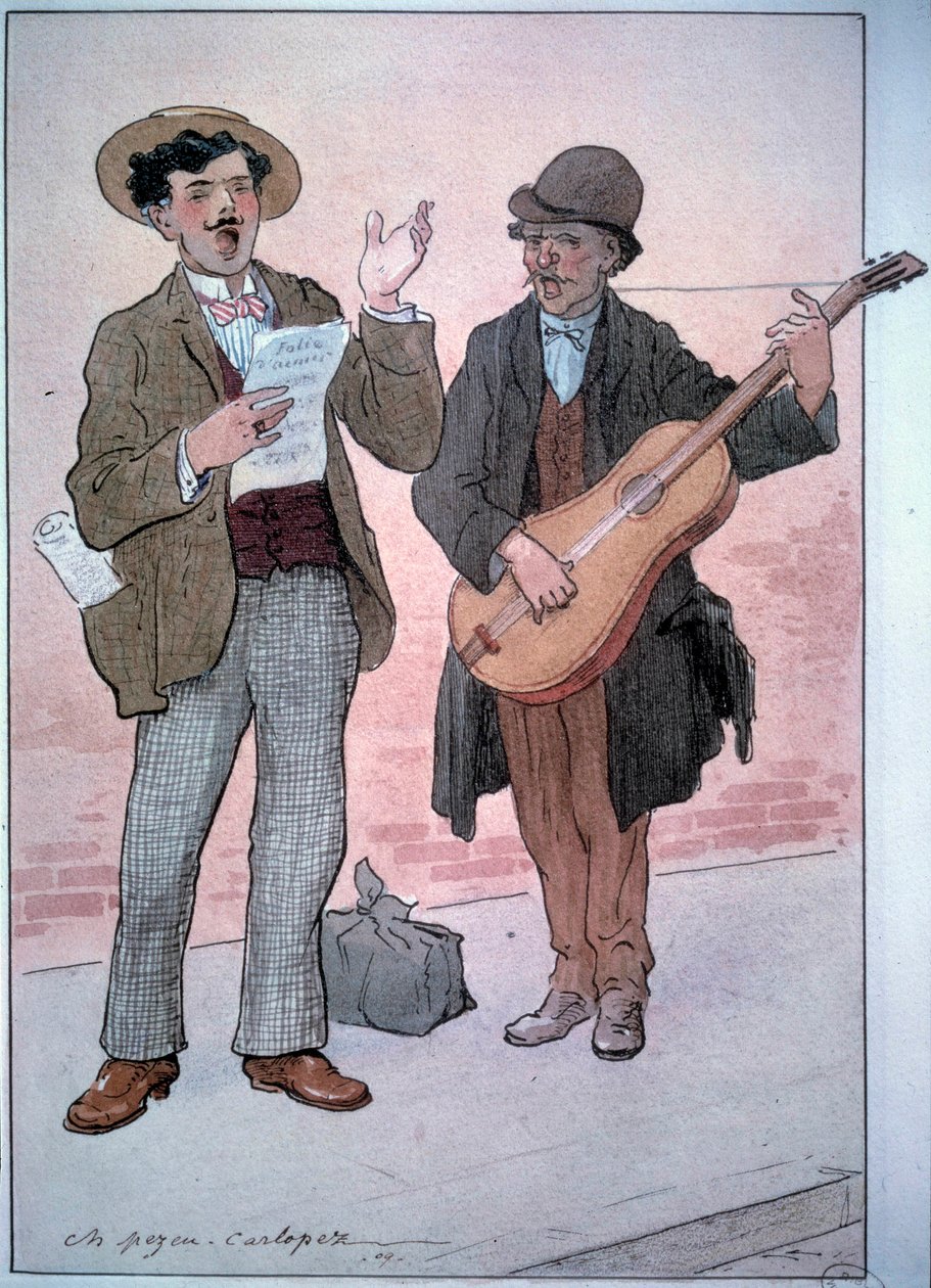 Parisin pienet metrit: katulaulajia. Charles Pezeu dit Carlopezin piirustus (1900-luku) tekijältä Charles Pezeu Carlopez