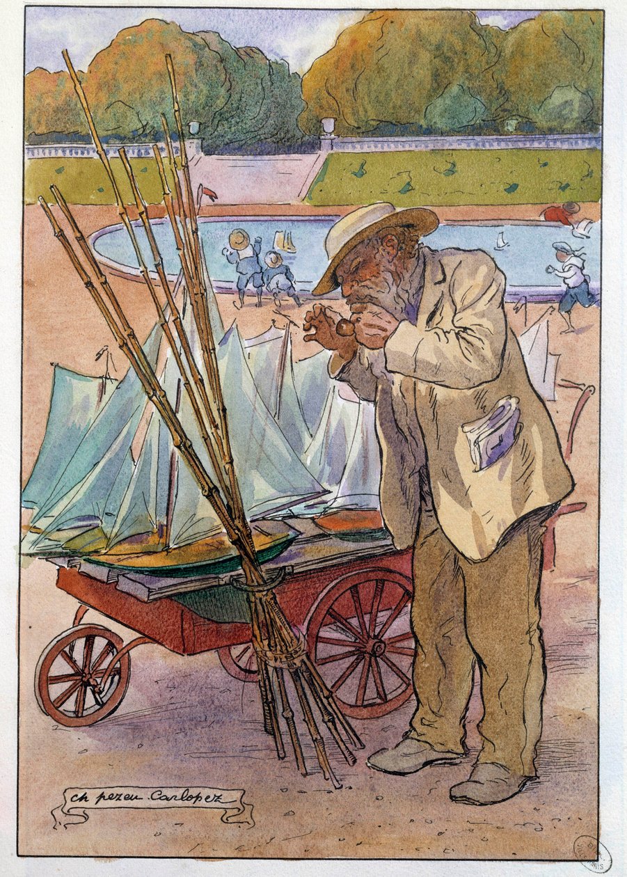 Venekauppias Tuileriesin puutarhassa vuonna 1909 Charles Pezeun piirustus dit Carlopez (1900-luku) tekijältä Charles Pezeu Carlopez