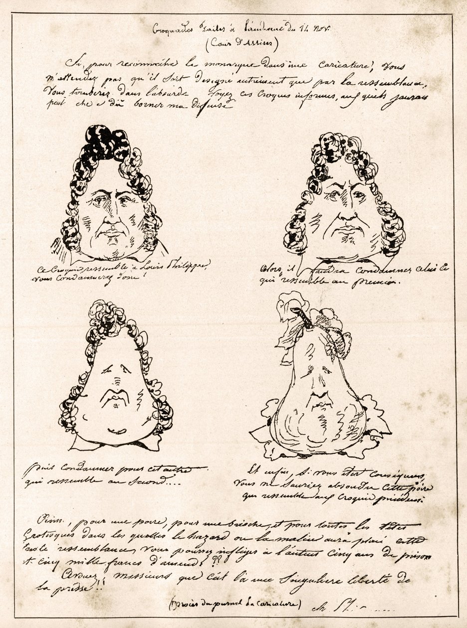 Marraskuun 14. päivän istunnossa tehdyt krokadit - Charles Philiponin (1800-1862) sarjakuva Louis Philippe päärynässä - 1832 - (Louis-Philippe muuttuu vähitellen päärynäksi) tekijältä Charles Philipon