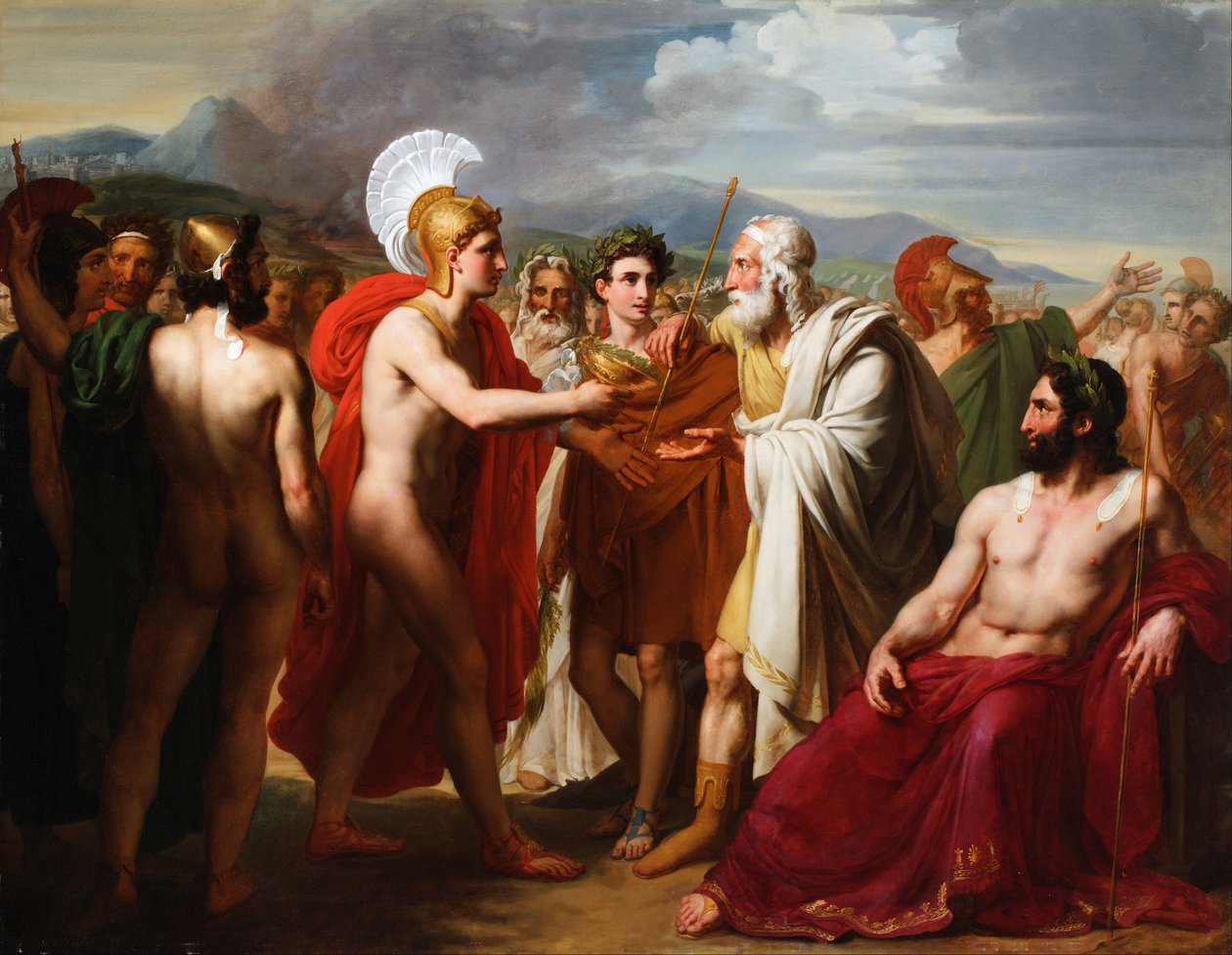 ""Achilles esittelee viisauden hinnan Nestorille hautajaisten aikana"" tekijältä Charles Philippe Lariviere