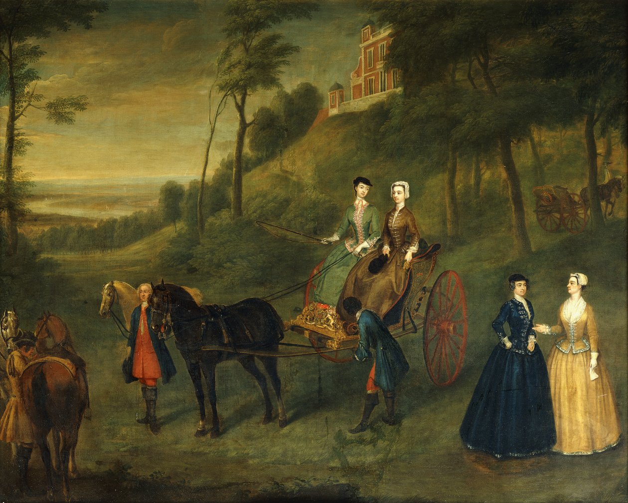 Ladyt ja Maids of Honor Greenwich Parkissa: Ryhmämuotokuva Julianasta, Leedsin herttuattaresta, Lady Charlotte Hamiltonista, Lady Isabella Tuftonista ja Henrietta, Pomfretin kreivitär, kaikki ratsastustapoja, sulhanen ja hevosten kanssa observatorion edess tekijältä Charles Phillips