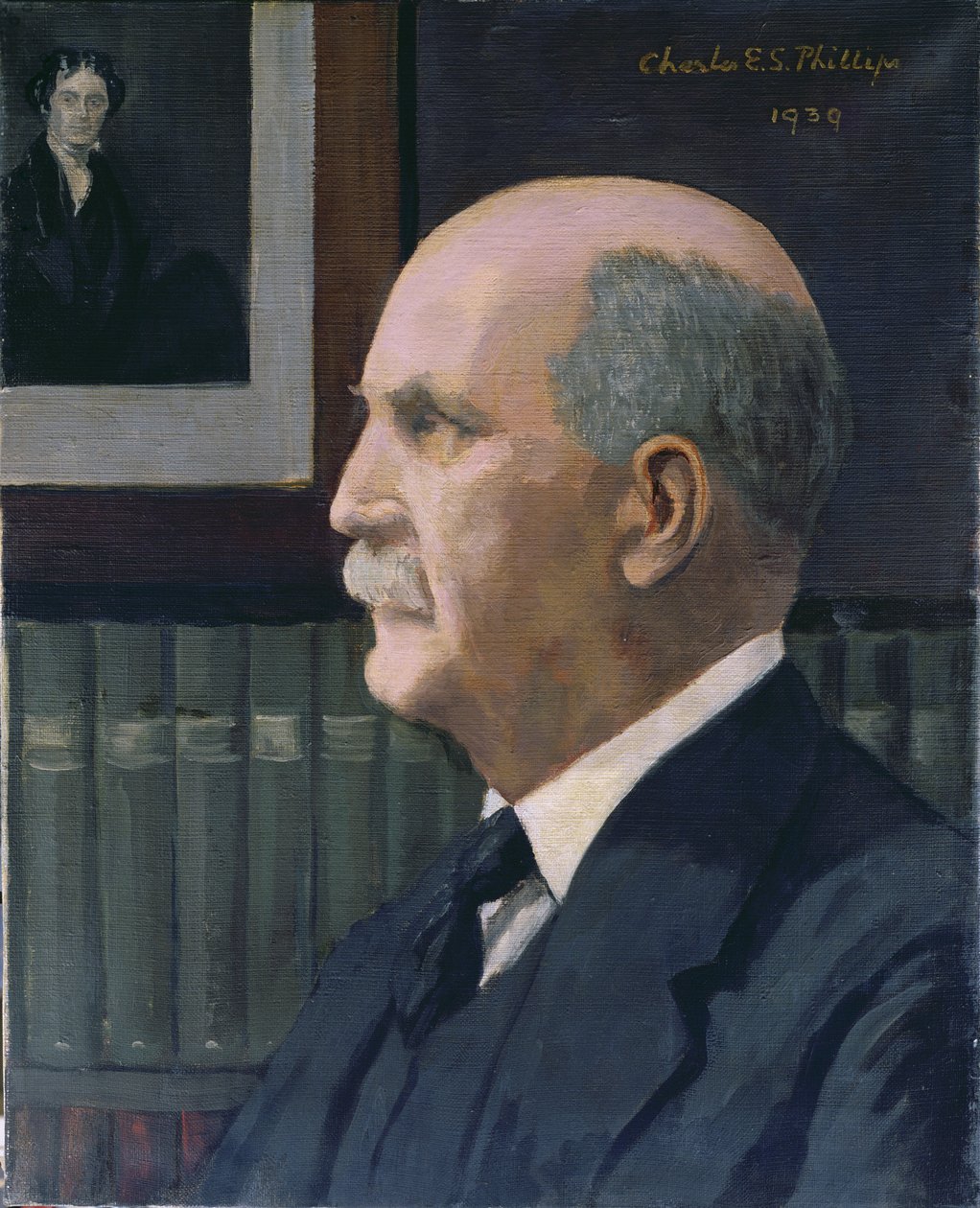 William Henry Bragg (1862-1942) Michael Faradayn (1791-1867) kuvalla taustalla, 1939 tekijältä Charles Phillips