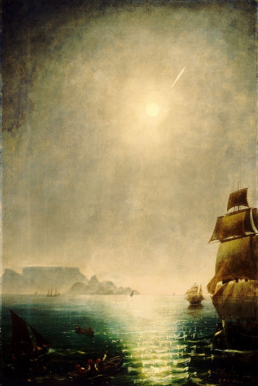 Kuunvalon näkymä Table Bayn yllä, jossa näkyy vuoden 1843 suuri komeetta. tekijältä Charles Piazzi Smyth
