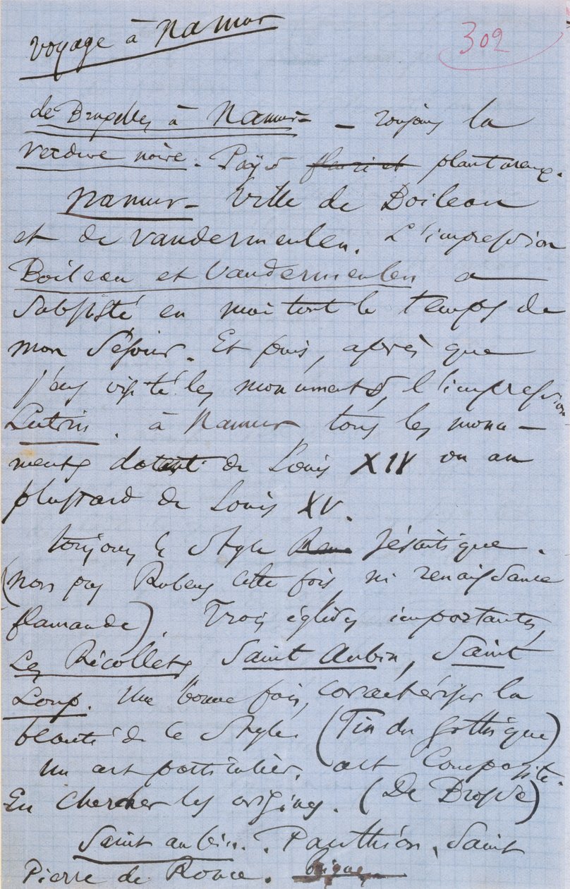 Sivu 302 Baudelairen pamfletista "Pauvre Belgique", joka kuvaa hänen matkaansa Namuriin, 1864 tekijältä Charles Pierre Baudelaire