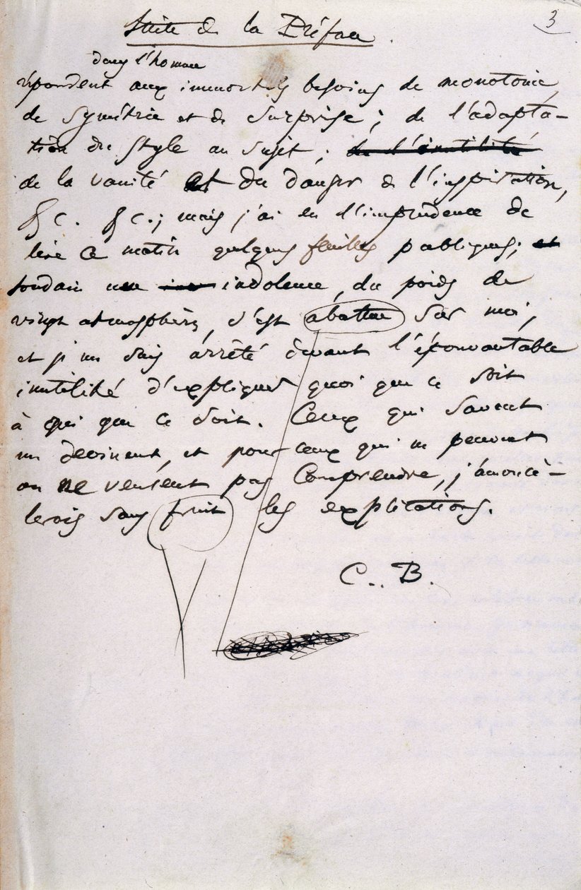 Projekti Les Fleurs du Malin 2. painoksen esipuheen (kynä ja muste paperille) tekijältä Charles Pierre Baudelaire