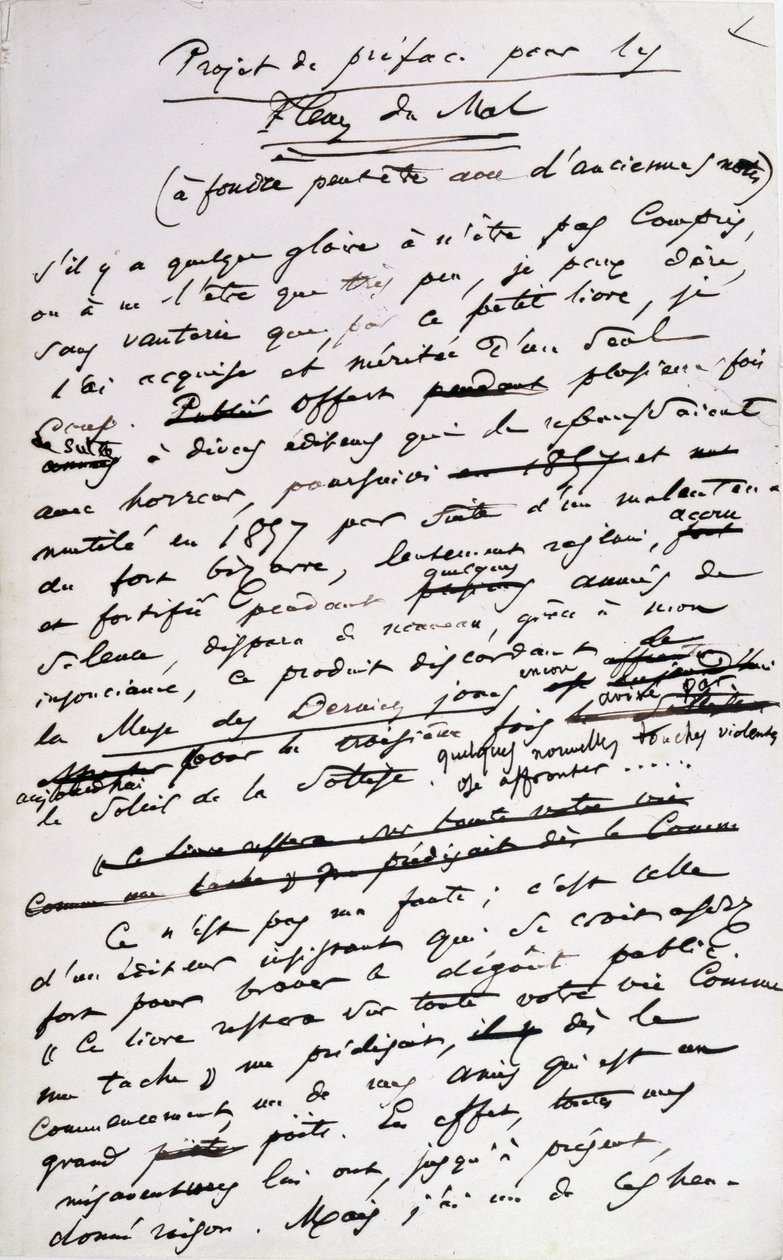 Projektit esipuheisiin "les Fleurs du Mal" -lehden 2. painokselle (kynä ja muste paperille) tekijältä Charles Pierre Baudelaire