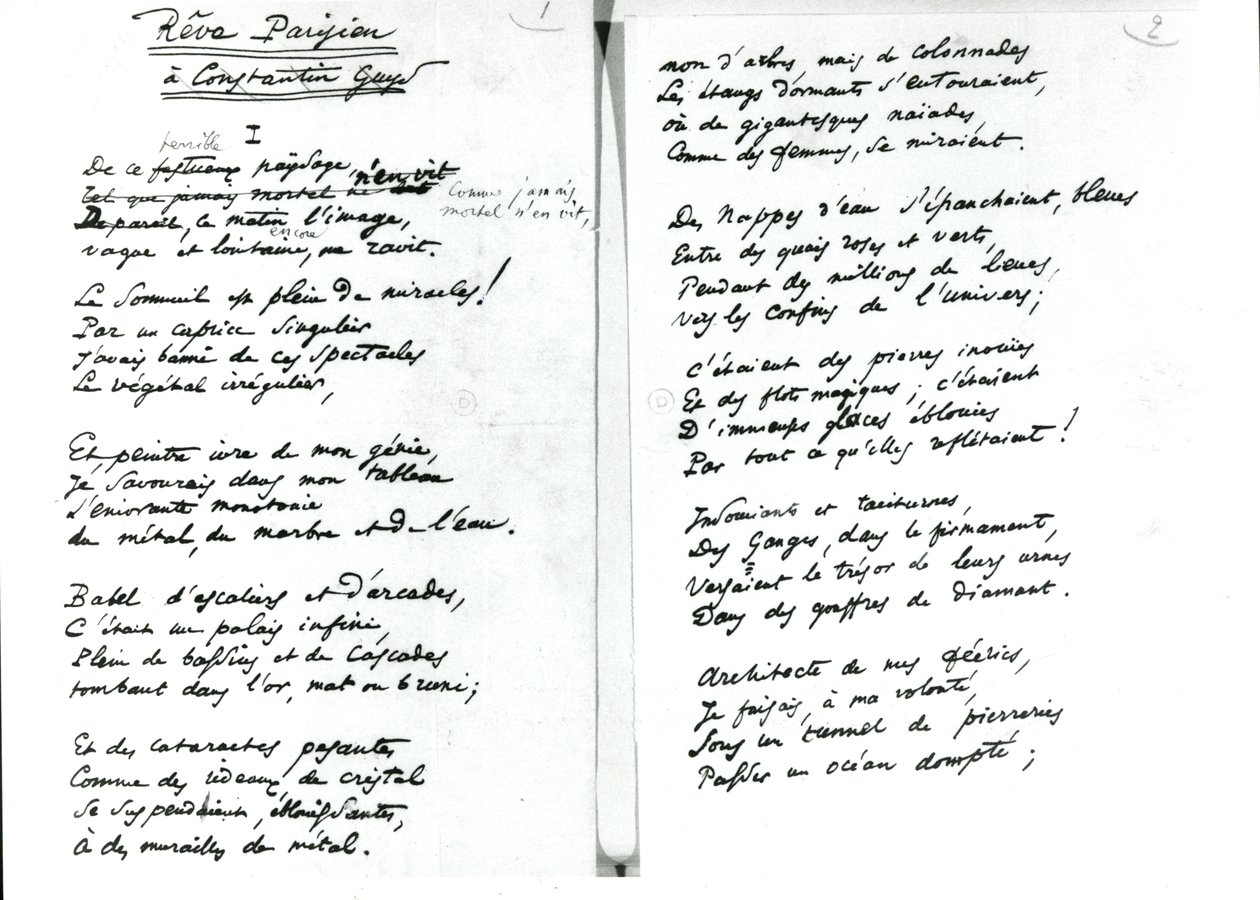 "Reve Parisien" nimikirjoitusruno (kynä ja muste paperille) (m/w kuva) tekijältä Charles Pierre Baudelaire