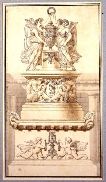 Suunnitelma roomalaisen kenraalin hautamuistomerkkiä varten, noin 1800 (liitu, tussi ja tussi sekä tussi ja pesu paperille). tekijältä Charles Pierre Joseph Normand