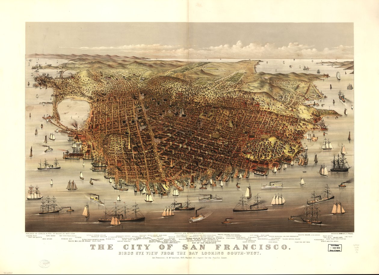 San Franciscon kaupunki. Lintuperspektiivistä lahdelta lounaaseen päin. tekijältä Charles R. Parsons