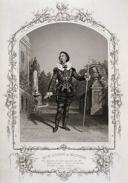 Mr W. Davidge Malvoliona, "Kahdestoista yön" III näytös, kohtaus 4, New Yorkin Meade Brothersin dagerrotypiasta, pub. Kirjailija: John Tallis & Co. (litho) tekijältä Charles R. and Henry W. Meade