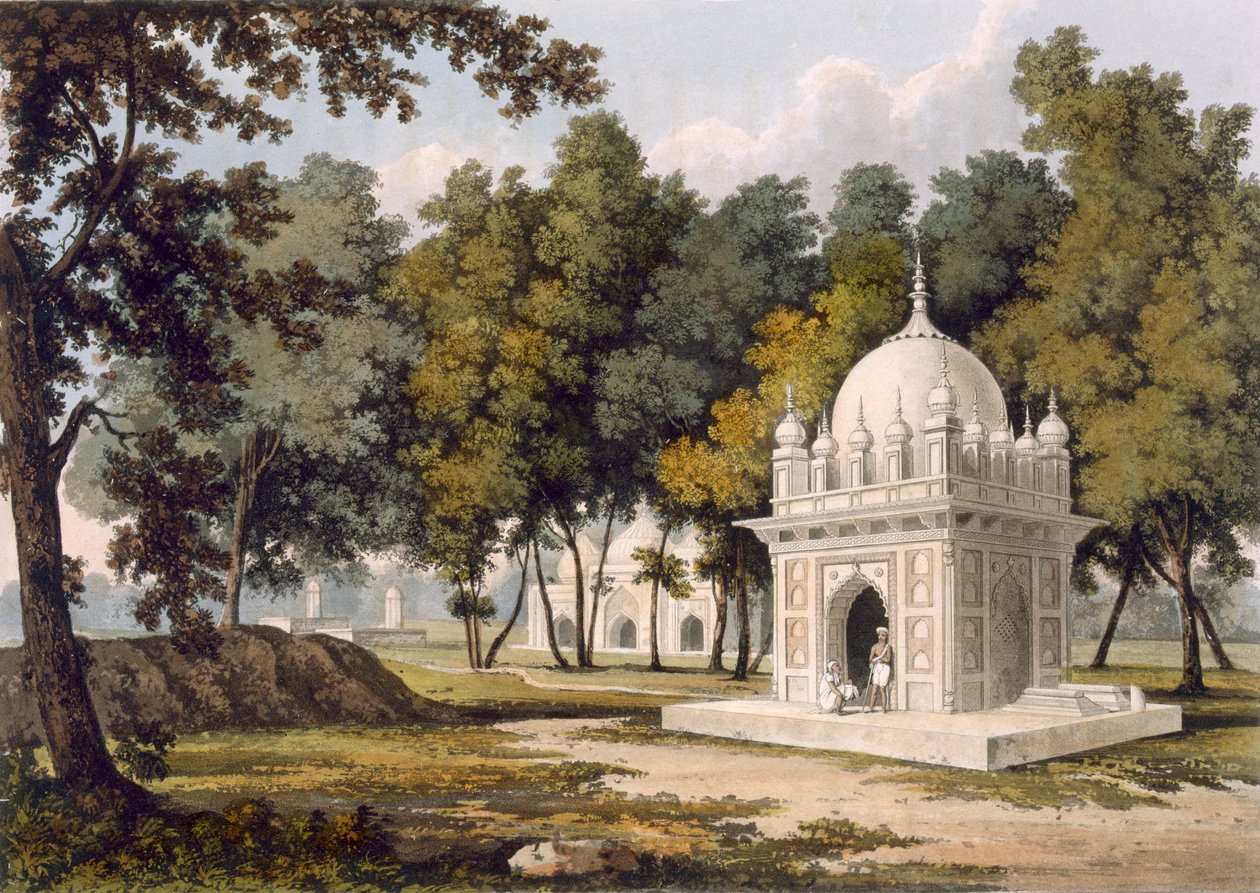 Haudat lähellä Etayaa, julkaisusta "Maaluksellinen kiertue Ganges- ja Jumna-joen varrella Intiassa", kaivertanut Thomas Sutherland, julkaissut Ackermann, 1824 (akvatinta) tekijältä Charles Ramus Forrest