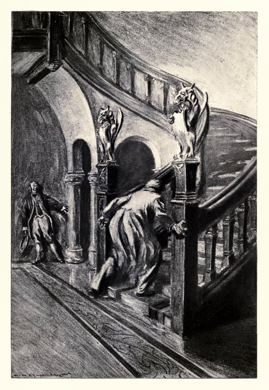 Hän huusi tavallaan ja rypisti yläkertaan Robert Louis Stevensonin (1850-1894) "Tohtori Jekyllin ja herra Hyden omituisesta tapauksesta", jonka kuvitti Charles Raymond Macauley (1871-1934). tekijältä Charles Raymond Macauley