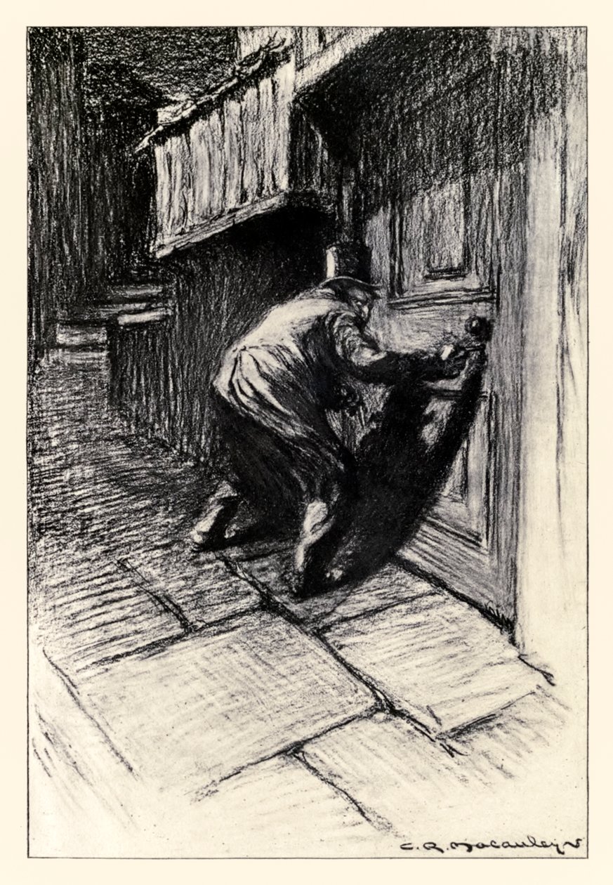 The Door -etukappale Robert Louis Stevensonin (1850-1894) "Tohtori Jekyllin ja herra Hyden omituisesta tapauksesta", kuvittanut Charles Raymond Macauley (1871-1934) tekijältä Charles Raymond Macauley