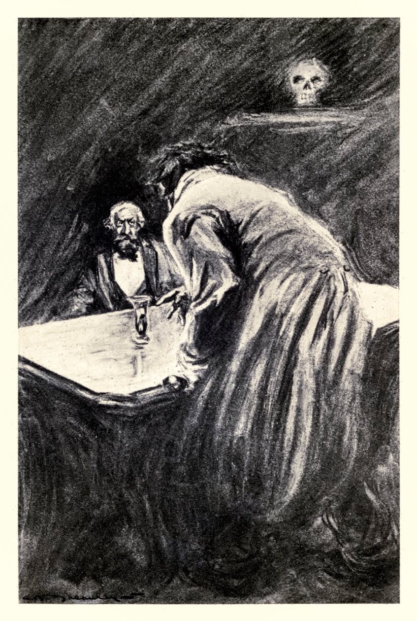 Annatko minun ottaa tämän lasin käteeni" Robert Louis Stevensonin (1850-1894) "Tohtori Jekyllin ja herra Hyden omituisesta tapauksesta", jonka on kuvittanut Charles Raymond Macauley (1871-1934) tekijältä Charles Raymond Macauley